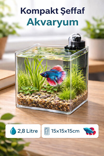 Melkan Home Kristal Şeffaf Nano Akvaryum Küpü 2,8 Litre – 15x15x15 cm Mini Be...