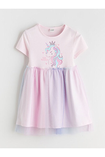 LC Waikiki LCW Kids Pink guler rotund cu imprimeu Rochie de prințesă pentru f...