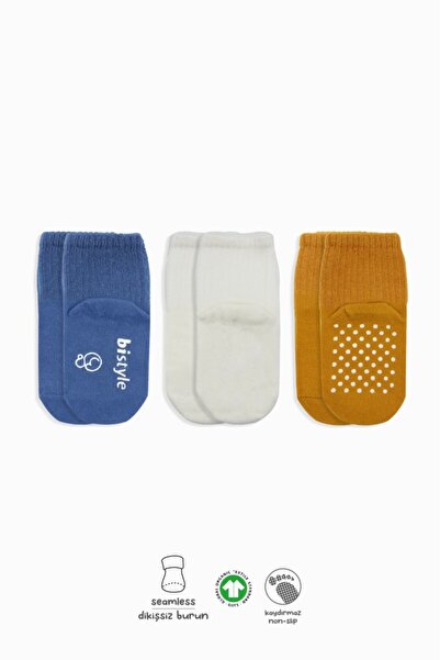 lowell home 3-Piece Basic Non-Slip Combed Cotton Socks 10107 Indigo Ecru Mustard