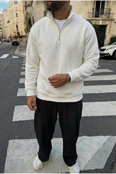 MADZEYMODA Men's 3 Thread Sh Fleece-Lined Half Zipper D Mock Neck White Sweat...