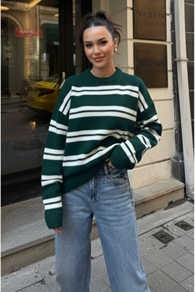 PALUZE Women's Crew Neck Striped Brown Knitwear Sweater