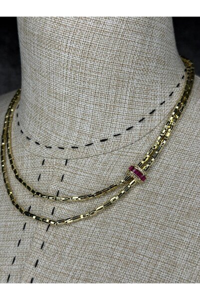 B3 Aksesuar Zirkon Kilit Çift Sıra Pembe Taşlı Zincir Kolye