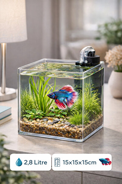 Melkan Home Kristal Şeffaf Nano Akvaryum Küpü 2,8 Litre – 15x15x15 cm Mini Betta ve Karides Akvaryumu