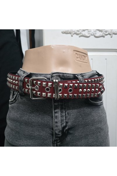çelik belt vintega Red Belt with Pyramid Studs