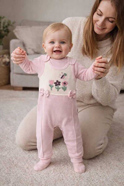 Babycan Baby Can Kız Bebek Nakışlı Salopet Takım %100 Pamuk