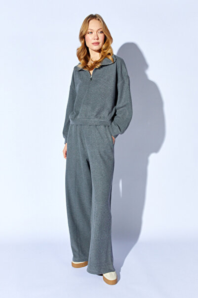 Manche Anthracite Half-Zip Sweatshirt-Elastic Waist Drawstring Detailed Pants...