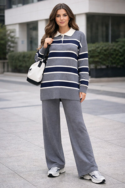 semela Thick Striped Buttoned Polo Neck Knitwear Set