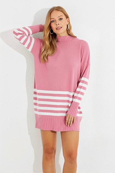 Be Best Women's Pink Knitwear Striped Tunic Be275