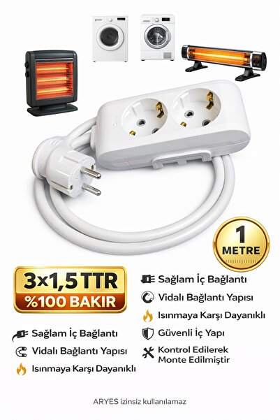 Aryes 2’li Priz 1 m %100 Bakır Kablo | Ev Tipi Güvenli Kullanım