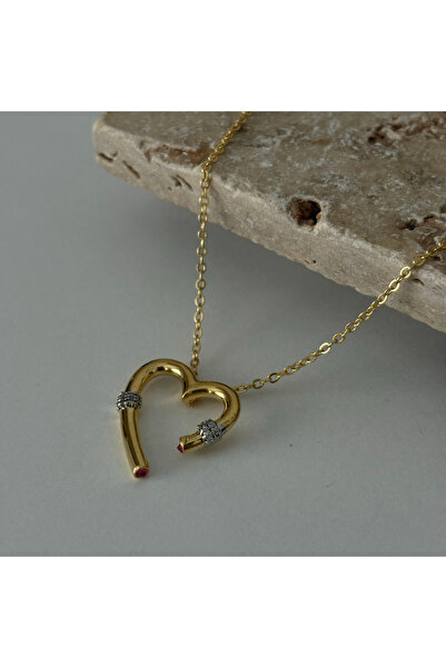 olvera shine 316L Steel Heart Necklace with Pink Zircon Stone Detail Gold Nec...