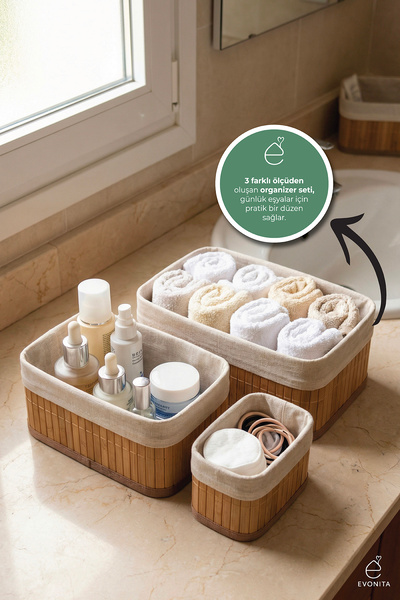 EVONİTA Bambu Organizer Seti 3 Parça Çok Amaçlı Banyo Mutfak Dolap İçi Düzenl...