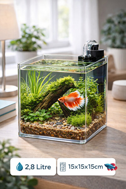 Melkan Home Kristal Şeffaf Nano Akvaryum Küpü 2,8 Litre – 15x15x15 cm Mini Betta ve Karides Akvaryumu