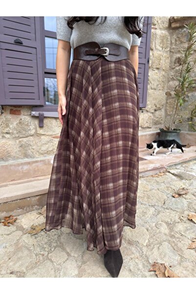 Tavie Ekoseli tül etek - kahverengi-S - Kahverengi