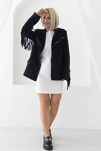 SİSTA MODA 5521 سترة من جلد الغزال، مزينة بشرابات، بجيب أمامي، وتفاصيل سحاب