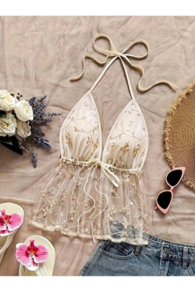 Tual Kadın Bej Rengi Transparan Çiçekli Askılı Büstiyer Şık Üst