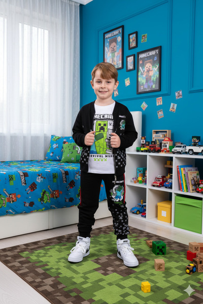 ALYAKİDS Boy's 3-Piece Set Long Sleeve Sweatshirt Printed Zippered Cardigan C...