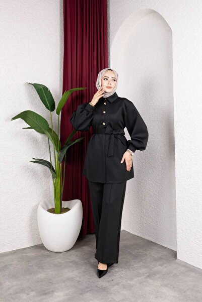 Weak Blue Stylish Hijab Tunic Pants Set – Belted Buttoned Long Sleeve Two-Pie...