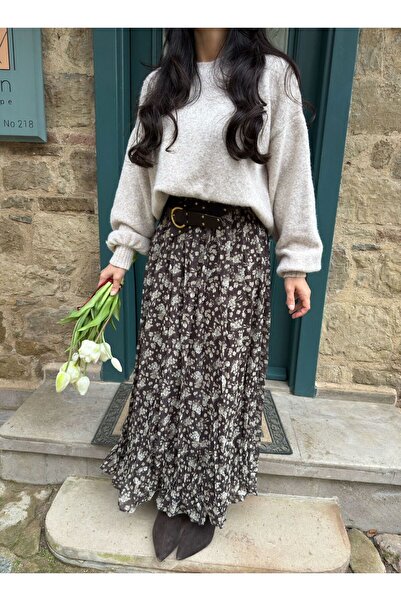 Tavie Kemerli çiçekli şifon etek-L - Yeşil