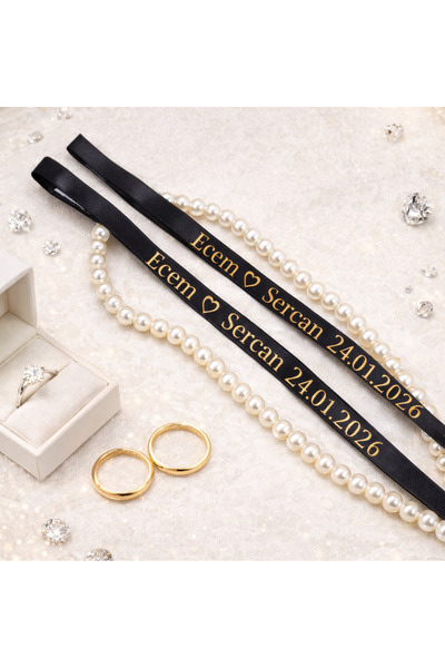 Frisson Kişiye Özel Siyah Saten Söz Nişan Kurdelesi Dökülen Boncuk