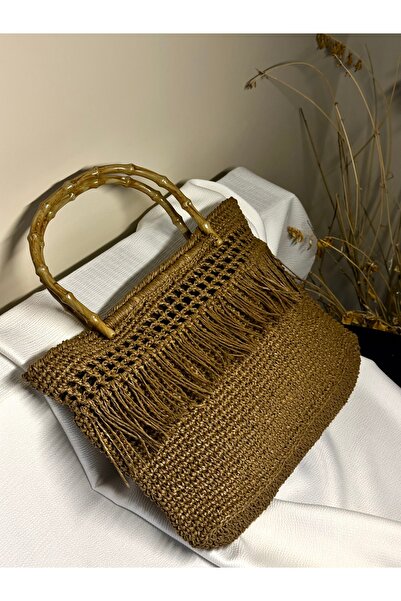 Store Hasır Motifli Kahverengi Püsküllü Çanta