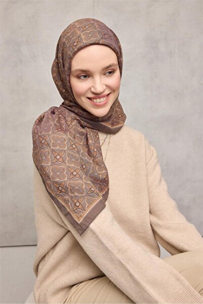 Silk Home Viscose Velora Scarf Caramel Clover Patterned Tok Duruşlu 90X90