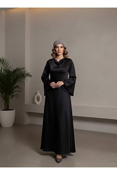 Tavie Dökümlü Yaka ve Geniş Kol Detaylı Abiye Elbise-Siyah - S