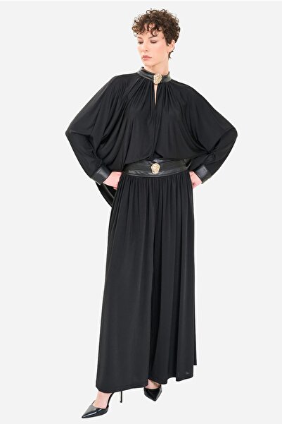 QUİZAS Leather Paneled Trouser-Blouse Set with Gold Accessories