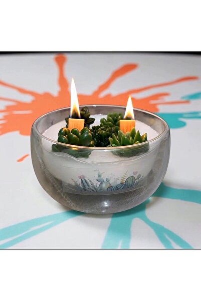 giftpuffy Sukulent Tasarımlı Çift Cidarlı Cam Kavanoz Mum – Ahşap Fitilli Şöm...