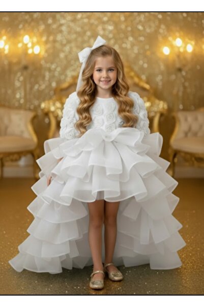 Luneria Dress Ros 3D güllü kat kat kuyruklu kız çocuk abiye mezuniyet elbisesi