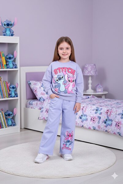 ALYAKİDS Kız Çocuk 2'li Takım Karakter Desenli Stitch Sweatshirt ve Geniş Bol...