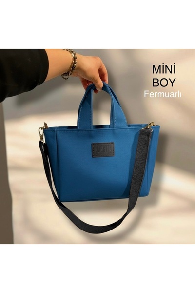 Nuggita Mini Size Zippered Blue Cotton Canvas Handbag / Crossbody Strap