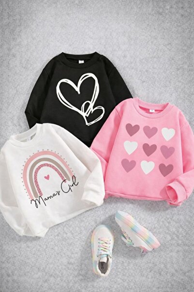 Kids Çocuk 3'lü Kalp Baskılı Sweatshirt