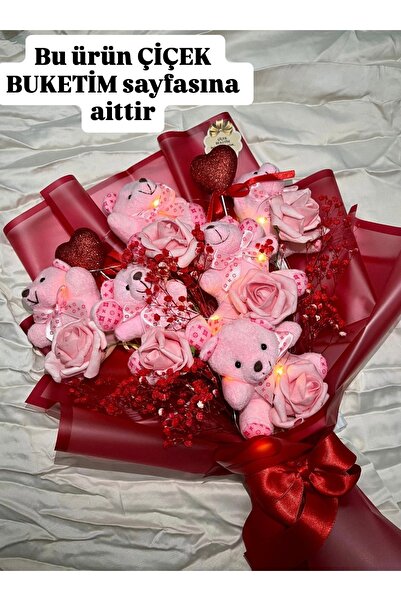 Pretty Işıklı Peluş Ayıcıklı Gül Buketi Sevgililer Günü Buketi Kalpli Buket K...