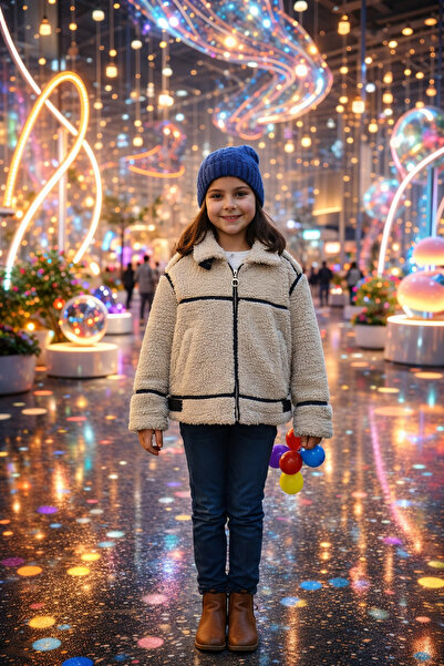 STYLENEST Girl's Leather Detailed Plush Coat Beige Zippered Winter Soft Textu...