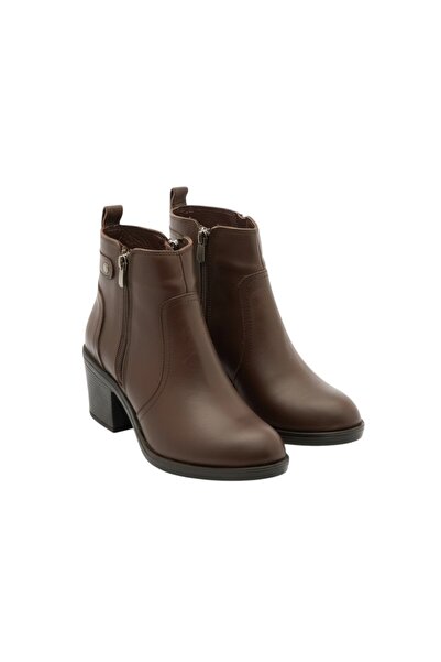 Deridün Yıldız Shoes Brown Genuine Leather Zippered Short Heeled Women's Boots