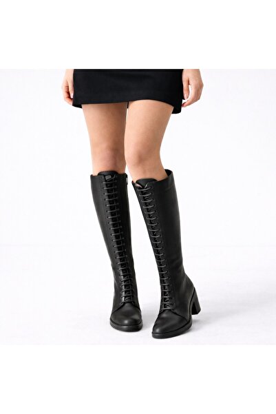 TwoEgoist Women's Genuine Leather Lace-Up Zippered Heeled Below-The-Knee Boot...