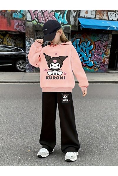 buendiakids Kız Çocuk Pembe-Siyah Kuromi Baskılı Kapşonlu Siyah Bol Kesim Eşo...