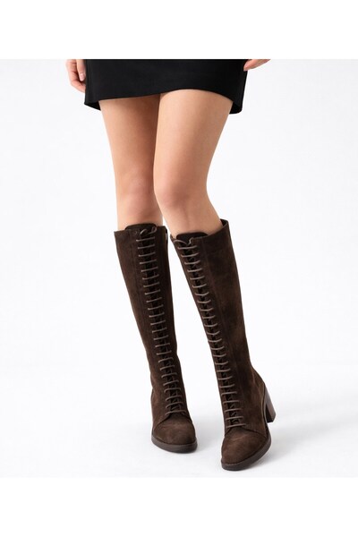 TwoEgoist Women's Genuine Leather Lace-Up Zippered Heeled Below-The-Knee Boot...