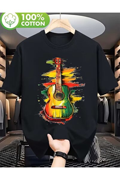 LELVANİ Unisex Reggae Guitar & Rasta Colors T-Shirt 100% Cotton Short Sleeve ...