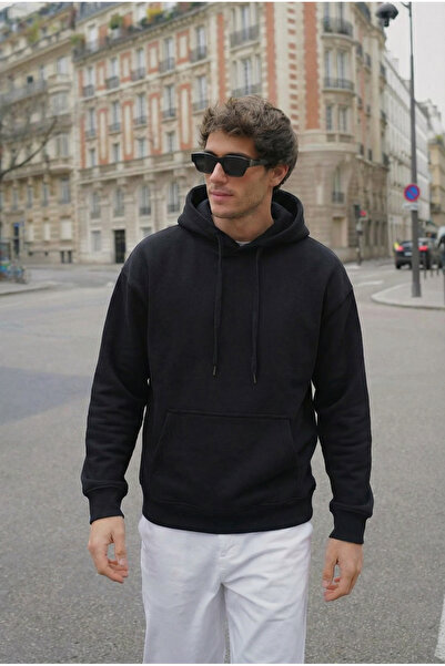 MADZEYMODA Ανδρικό φούτερ 3 Thread Ş επένδυση fleece K με κουκούλα Μαύρο Kang...