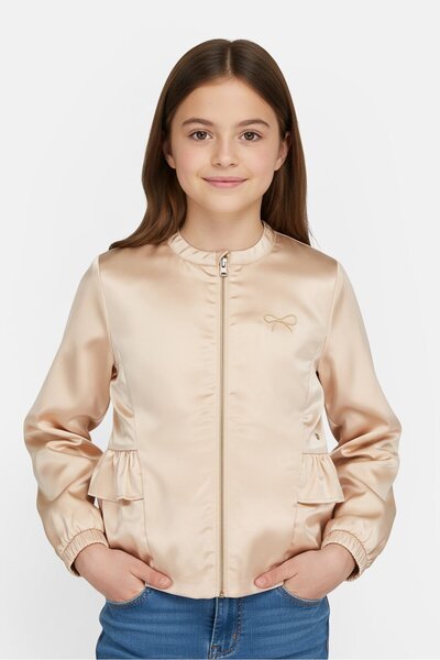 Lili Gaufrette Kids Girl Long Sleeve Embroidered Logo Jacket, Tan