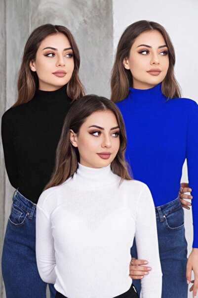 bykombincim Unisex 3'LÜ Paket Siyah Beyaz Saks Pamuklu Balıkçı Yaka KAŞKORSE ...