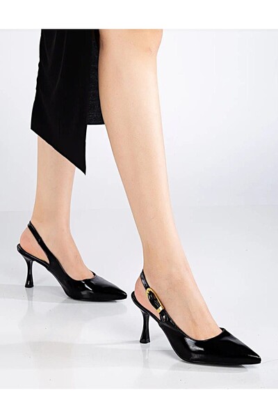 BARAZİ MODA Siyah Rugan Parlak Sivri Burun ovis ayakkabisi Arkası Açık Tokalı...