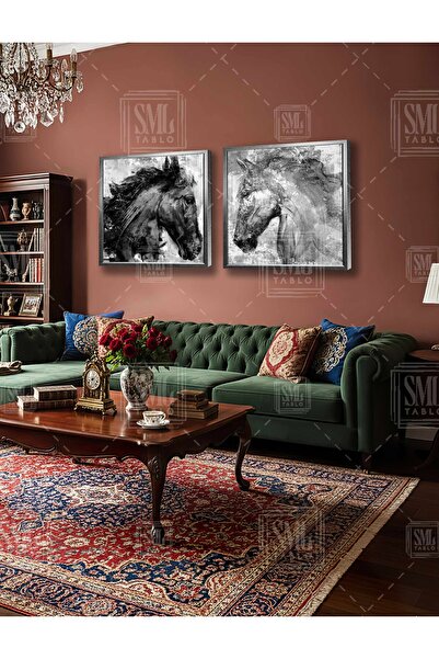 SML TABLO White and Black Noble Horse Paint Splashes Grunge Decor Bilateral S...