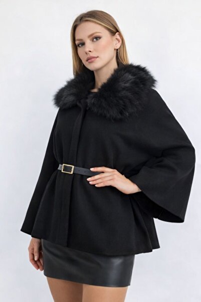 Enter Women's Plush Collar Detailed Belted Cashmere Poncho