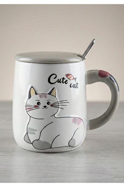 Tutku 3 قطع من أكواب البورسلين مع غطاء وملعقة على شكل قطة لطيفة