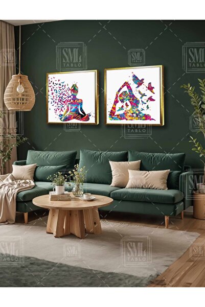 SML TABLO Femeie care face yoga, păsări zburătoare colorate, meditație, liniș...