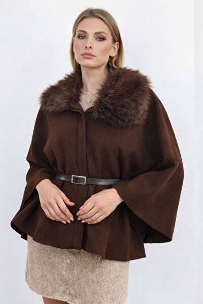 Enter Women's Plush Collar Detailed Belted Cashmere Poncho