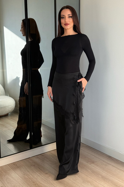 PATEVA Satin Wide Cut Lace Detailed Tied Waist Trousers