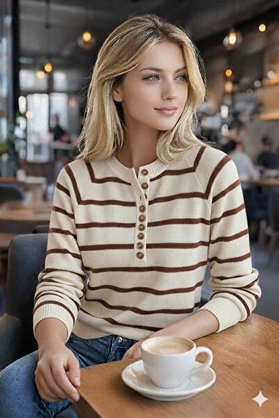 FİFTY ONE Women's Buttoned Collar Turtleneck Striped Knitwear Sweater